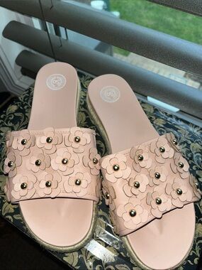 SO Pink Floral Studded Slide Sandals